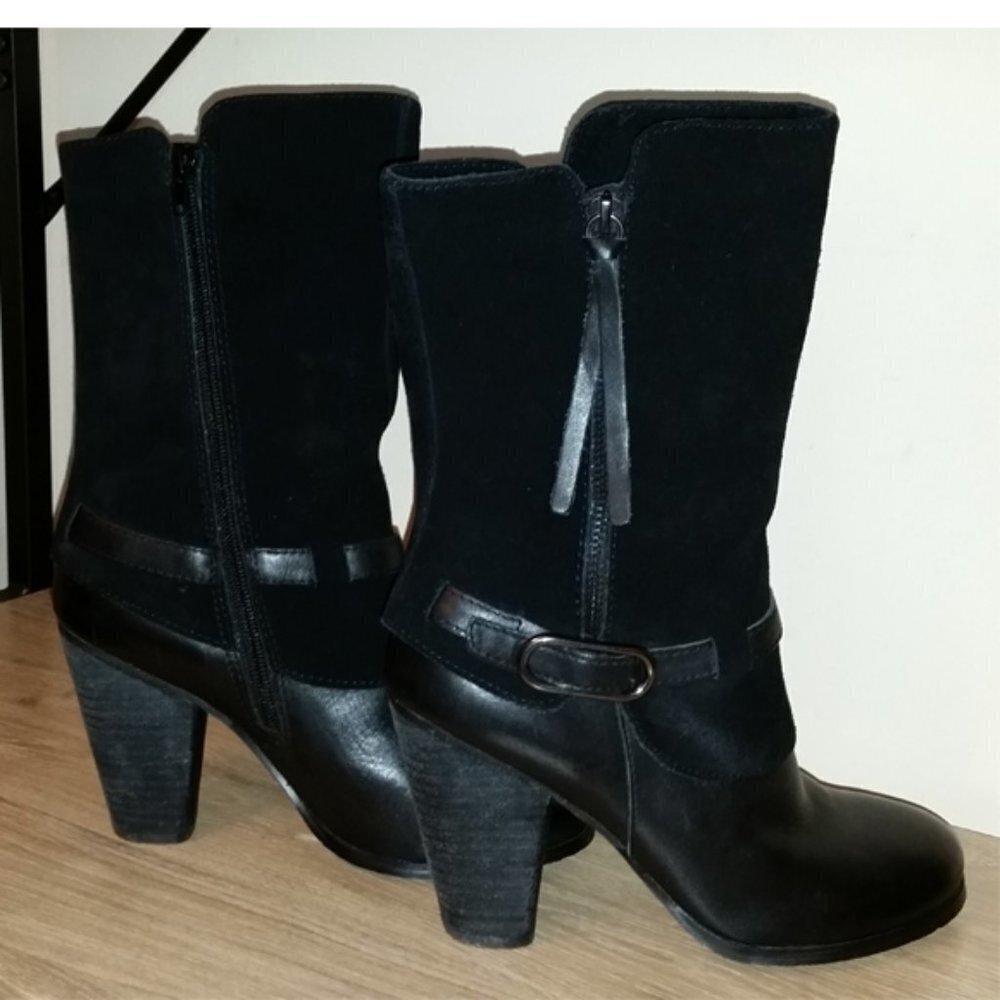 𝅺Kensie Hunter Size 7 Black Suede Leather Zip Boots Chunky Heel Buckle Wrap. - Picture 2 of 9